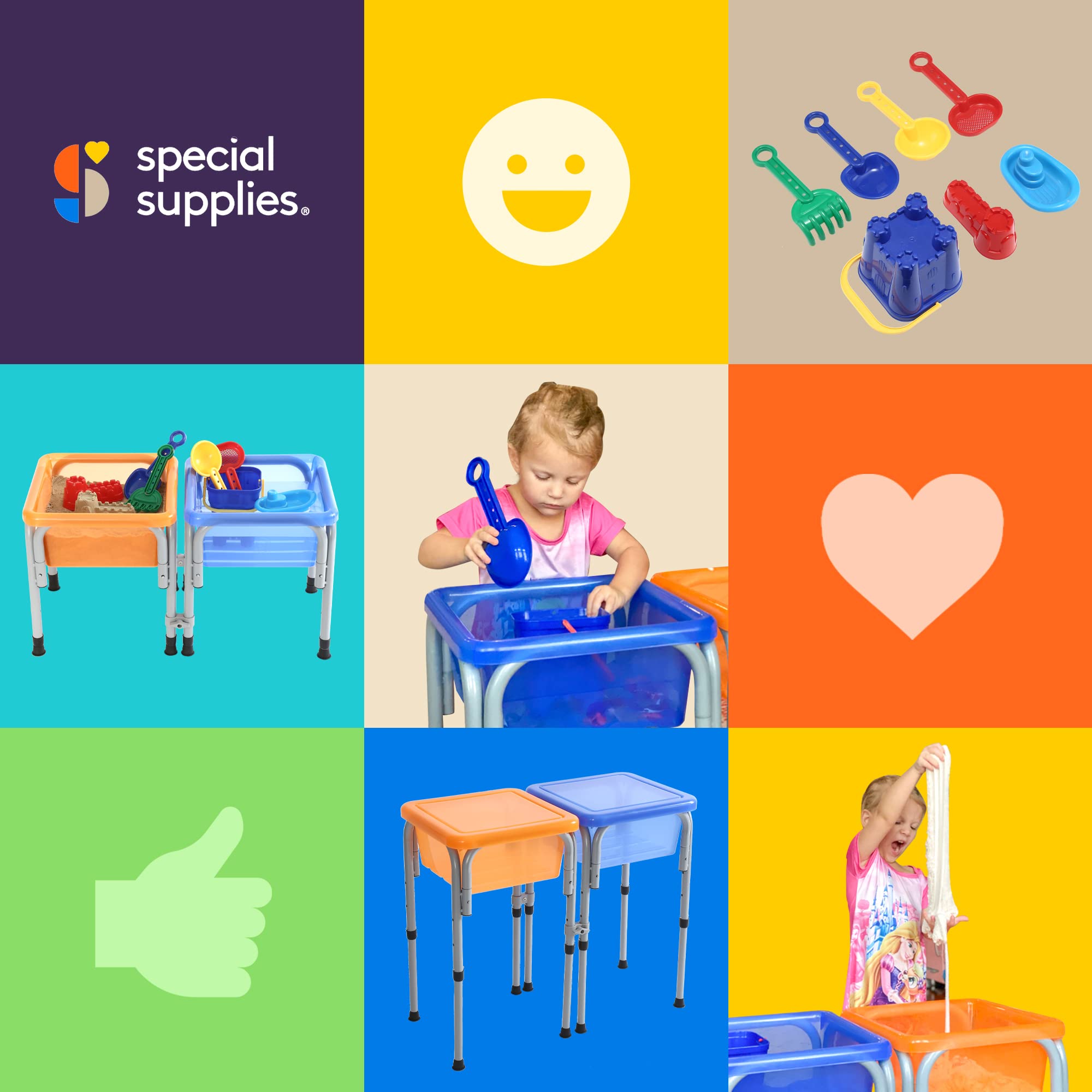 Special Supplies Sensory Activity Table for Kids and Toddlers -with Plastic Buckets and Beach Toys for Interactive Learning - Water, Sand, and STEM Play (Two Buckets - Orange + Blue)