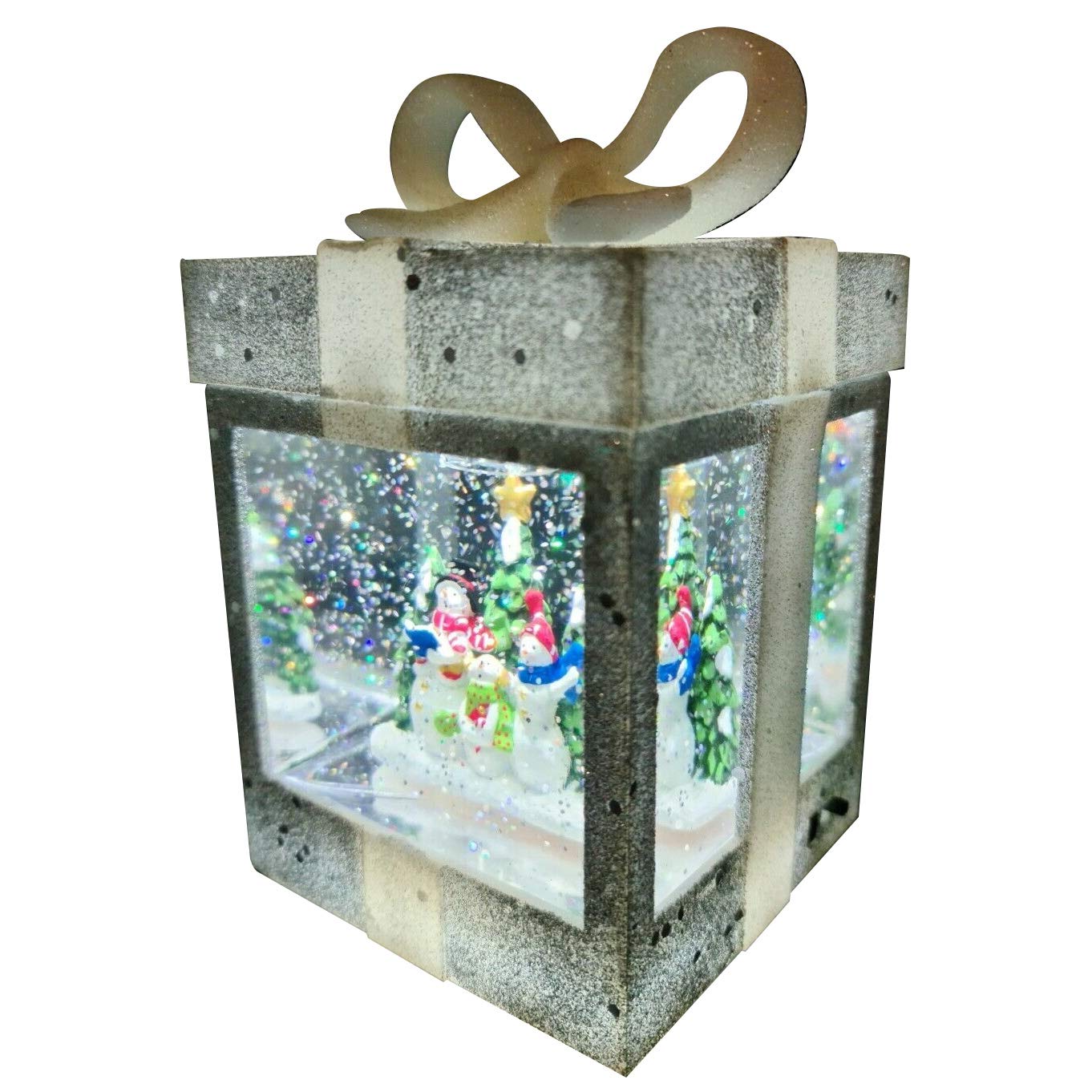 PremierDec 17cm Silver Glitter LED Parcel Spinner Snowman Scene