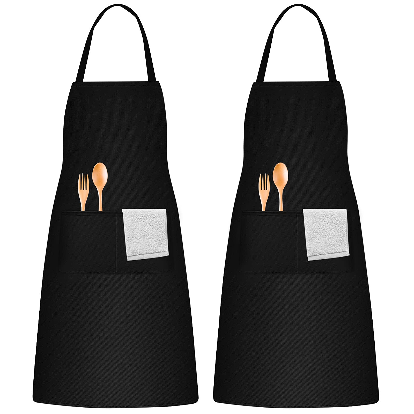 KYSUN 2Pack Unisex Aprons, Black, Adjustable, 2 Pockets, 56 * 75cm, Kitchen, Restaurant, Baking, Gardening, BBQ