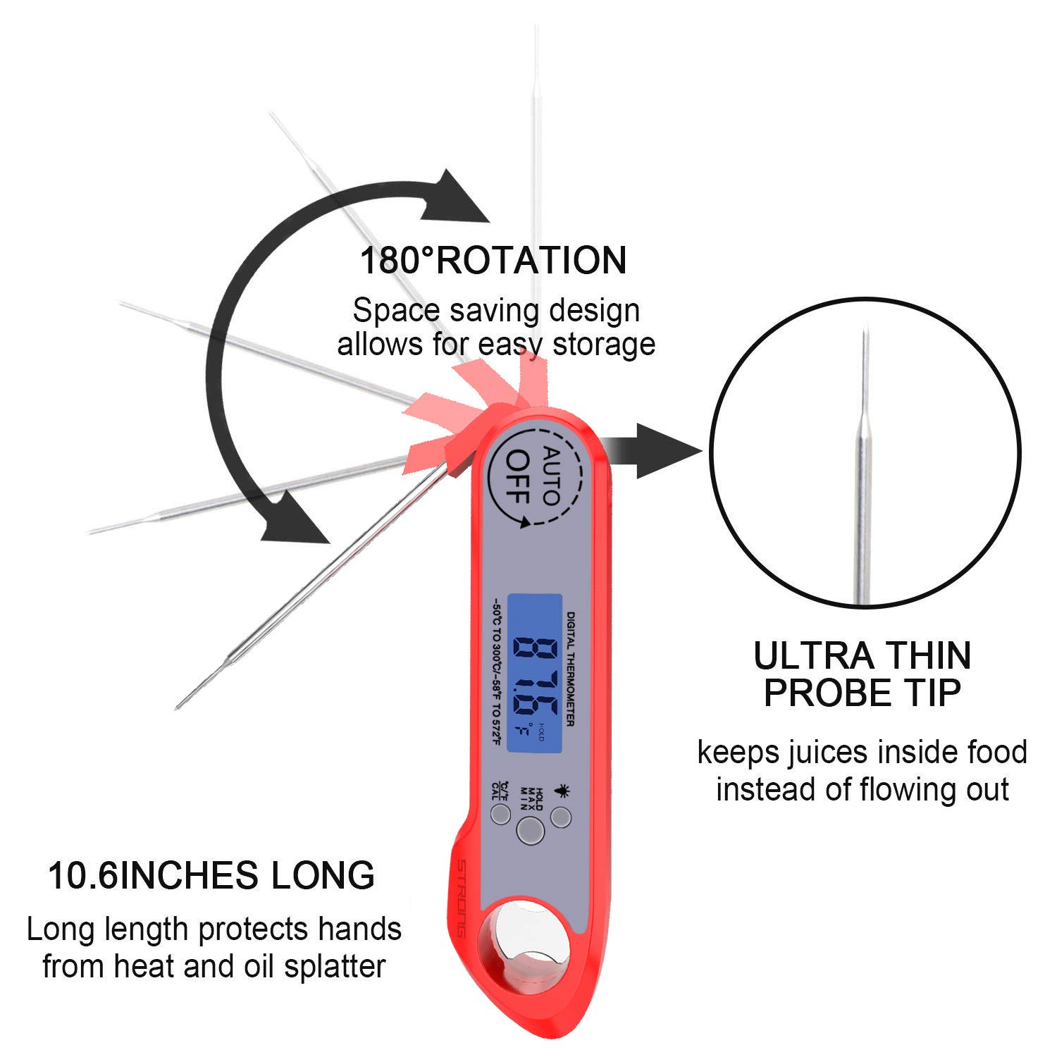 Meat Thermometer, Digital Instant Read Food Thermometer Waterproof with Folding Probe/Backlight/Hold Function and Bottle Opener for Cooking