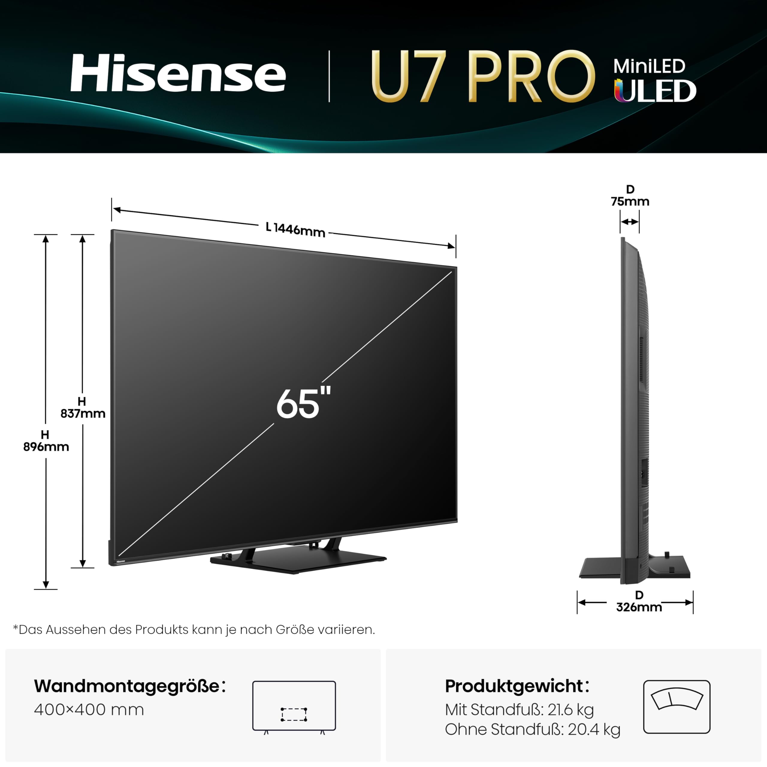 Hisense 65U7Q Pro Fernseher 65 Zoll, 4K Mini LED, Smart TV, Hi-View AI Engine Pro, 165Hz Game Mode Ultra, FreeSync Premium Pro, 2.1.2 ch. Surround Sound, Dolby Vision IQ Atmos, Sprachsteuerung [2025] 2