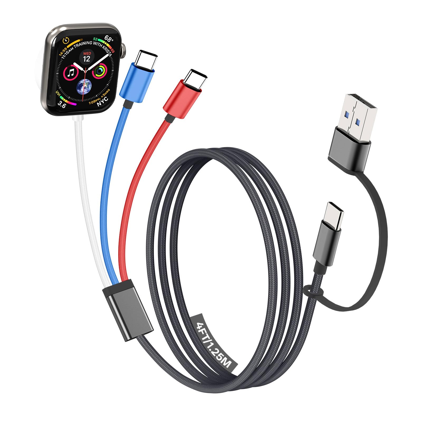 Travel Essentials for Apple Watch Charger, Multi Charging Cable for iPhone Charger, 3 in 2 USB C Cable Cord Compatible with iPhone 17-15 Series/iWatch Ultra/10-1/Galaxy S25-20, iPad-Multicolor,4FT