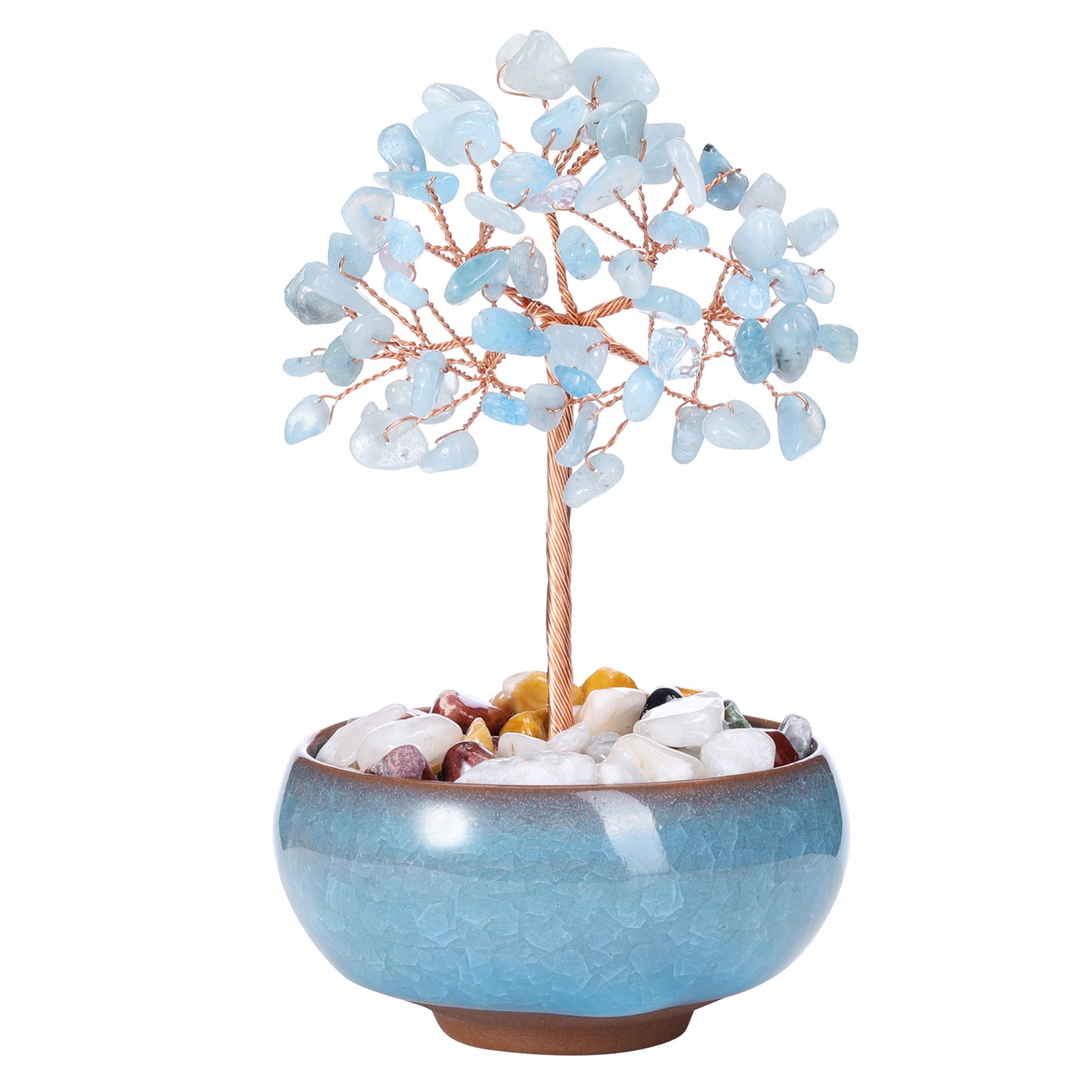 CrystalTears Aquamarine Crystal Tree Copper Wire Wrapped Healing Gemstone Tree Life Feng Shui Handmade Stone Money Trees for Home Office Decor Crystal Gifts for Christmas Wealth Good Luck