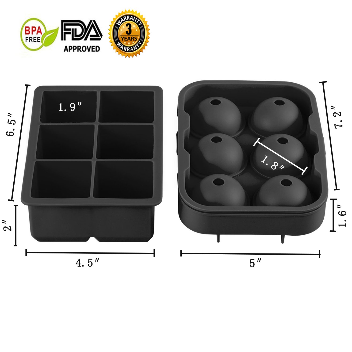 Large Ice Cube Trays Silicone Combo Mold,J-Sheng Reusable Silicone Molds (set of 2) Sphere Round Ice Ball Maker and Large Square Ice Cube Mold For Cocktails, Whiskey Glasses, Scotch Bourbon-black