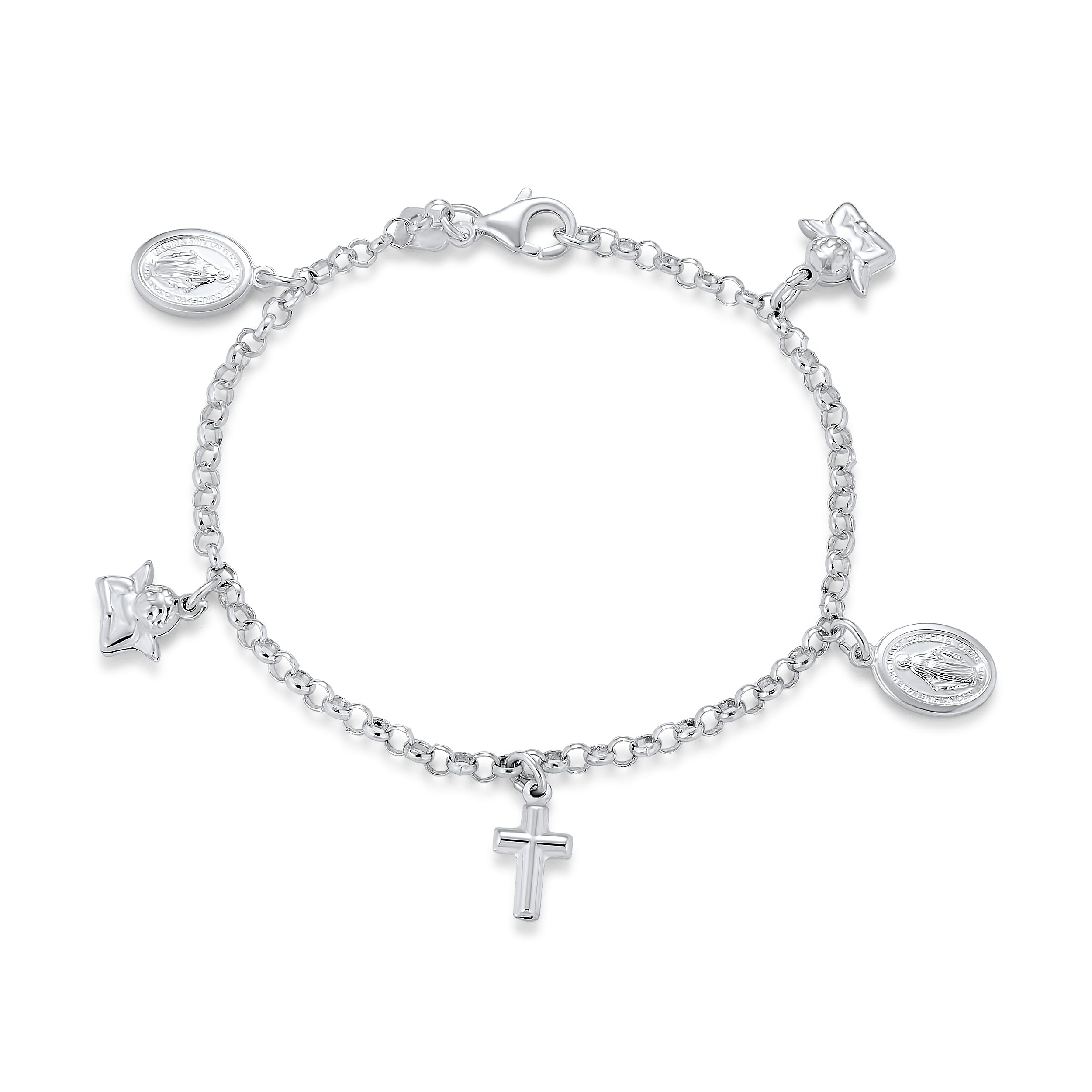 Bling Jewelry Multi Charm Crosses Virgin Mary Angel Cherub Religious Dangle Anklet Ankle Bracelet For Women .925 Sterling Silver 10 Inch