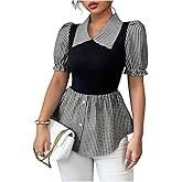 SweatyRocks Women's Plaid Color Block Collared Blouse Puff Sleeve Peplum Shirts