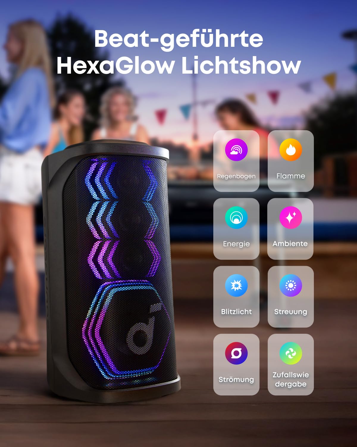 soundcore Rave 3S Partybox mit KI-Karaoke, Party-Lautsprecher mit 2 kabellosen Mikros, 200W Sound, KI-Gesangsentfernung, Lichtshow, Auracast, 12h Spielzeit, Bluetooth Lautsprecher für innen & außen 5