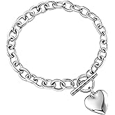 KristLand - Silver Heart Toggle Bracelet Silver Plated Love Link Bracelet for Women Birthday Gift Lightweight 7.6" Long Hand Chain