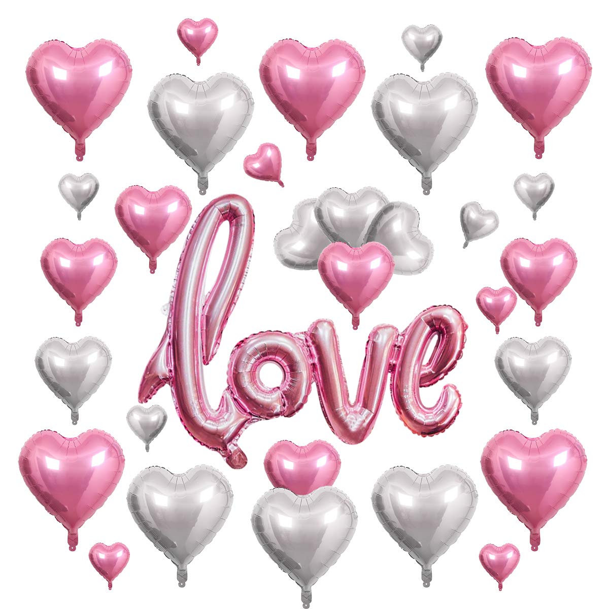 30 PCS Love Heart Balloons Decorations Silver Pink Foil Balloons Romantic Party Supplies for Engagements Bridal Showers Romantic Wedding Birthday Party Valentines Day Decorations, 5" 10" 18"
