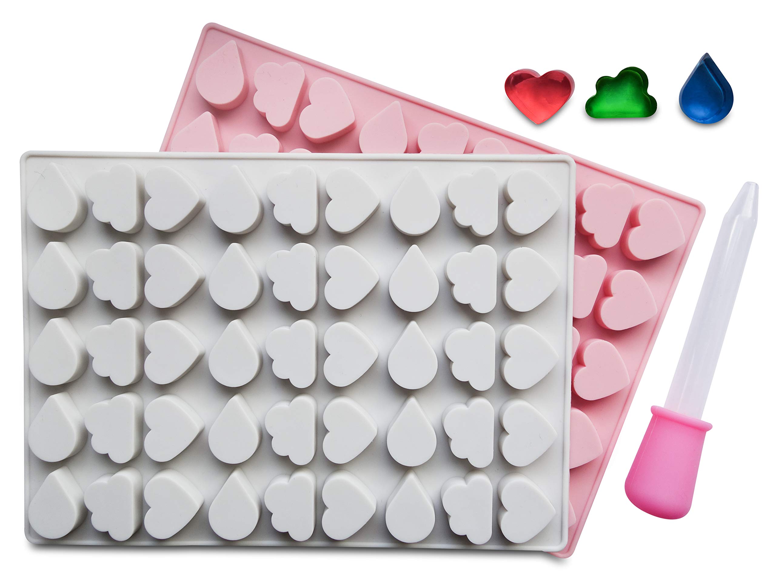 Yummy Gummy Molds Mini Heart, Cloud & Raindrop Silicone 2 Pack - BPA Free, Perfect for Gelatin Gummies, Chocolate, Caramel, Ice Cubes, Bonus Dropper Included