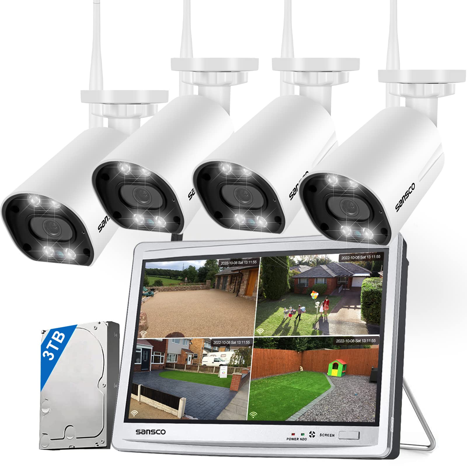 SANSCO Wireless CCTV Camera System with 12" Screen Monitor, 16CH NVR Recorder Systems 1TB Hard Drive, 4x 4+4MP Dual lens PTZ Outdoor WiFi IP Cameras, (4-OLD)