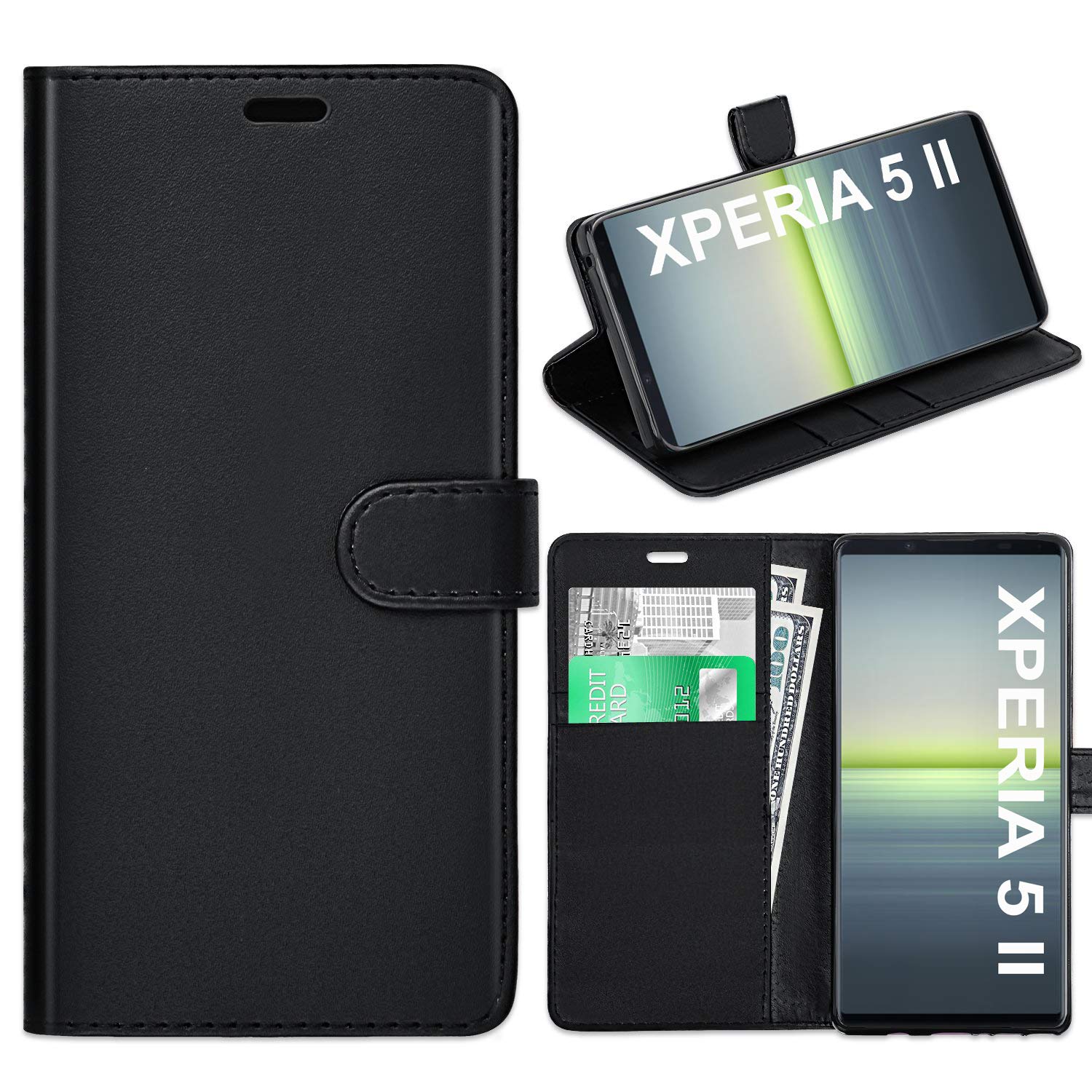 KP TECHNOLOGY Xperia 5 II Case, Xperia 5 II Leather Case, Xperia 5 II Book Flip Leather Wallet Cover with Card Slots for Sony Xperia 5 II [Compatible With Xperia 5 II Screen Protector] (BLACK)