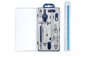 MOQIUZI Metal Compass and Ruler Geometry Set,Drawing Compass,Drafting Compass,Extension Leg,Compass Geometry Tool for Students, Engineering (MDC_02R)
