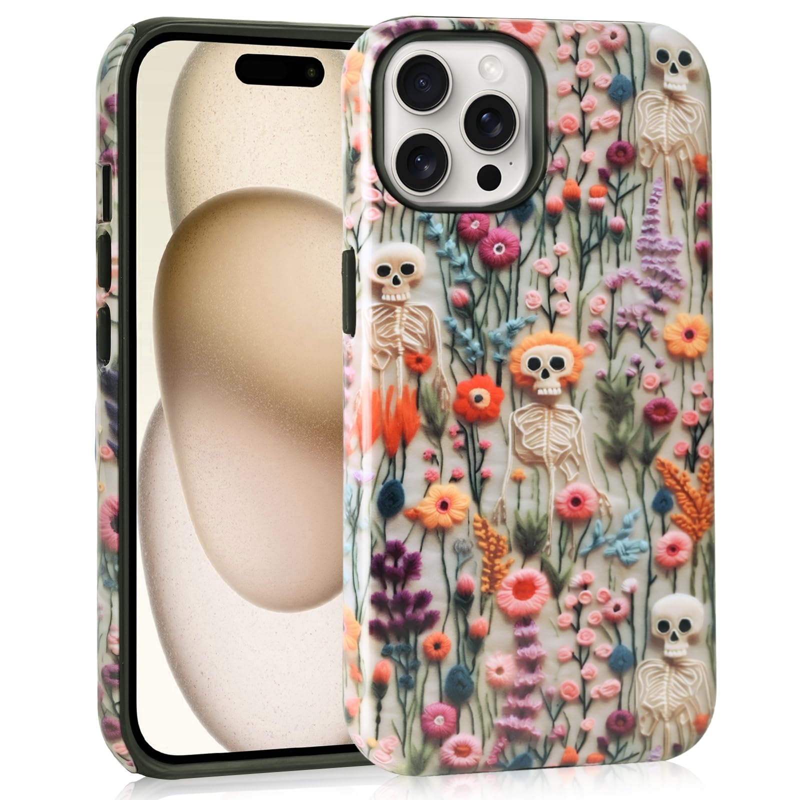 Photo 1 of Mainrenka Halloween Cases for iPhone 16 Pro, Cute Kawaii Skeleton Floral Phone Cover Protective Shockproof Phone Case Skull