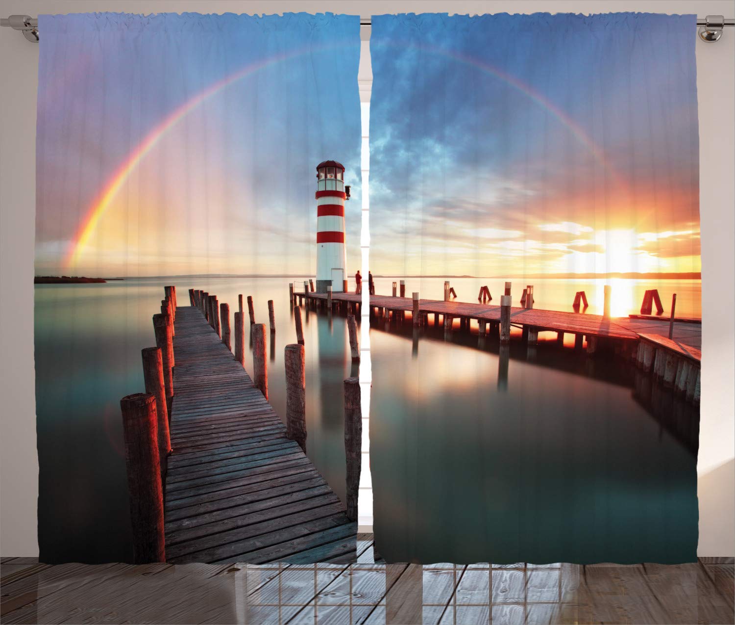 ABAKUHAUS Lighthouse Curtains, Sunset at Seaside Wooden Docks Lighthouse Clouds Rainbow Waterfront Reflection, Living Room Bedroom Window Drapes 2 Panel Set, 280 x 245 cm, Tan Seafoam — image 1