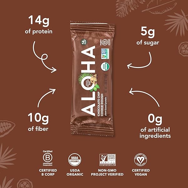 ALOHA ORGANIC PLANT BASED PROTEIN BARS CHOCOLATE CHIP COOKIE DOUGH, 1.98 OZ,(PACK OF 12)