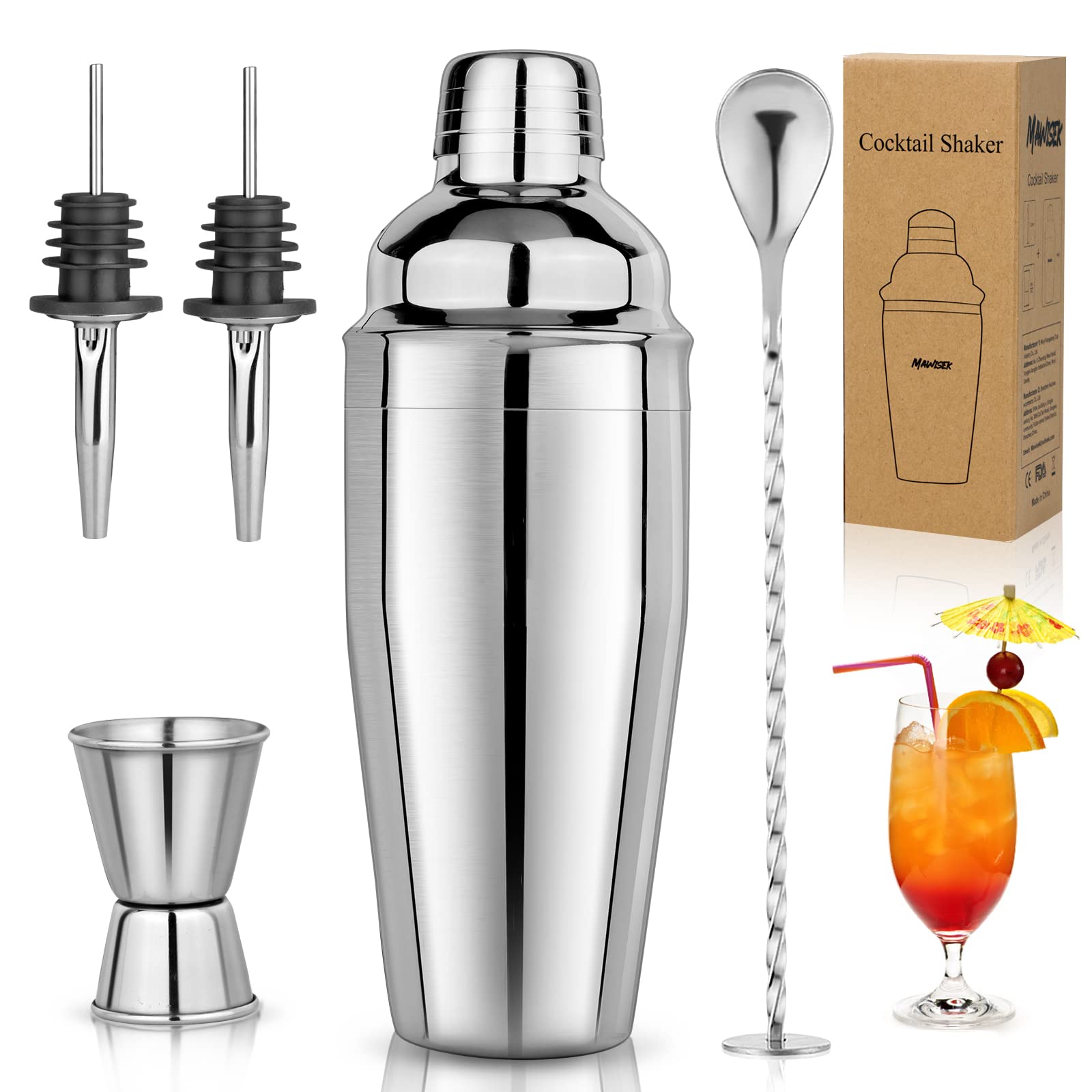 Photo 1 of 25oz Cocktail Shaker Set 5pcs Martini Shaker Set Portable Bartender Kit with Shaker, Mixing Spoon, Measuring Jigger, 2 Liquor Pour Spouts - Professional 18/8 Stainless Steel Bar Tools for Mixed Drinks