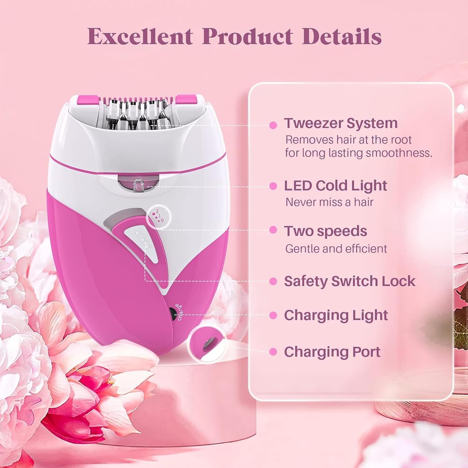Epilator for Women, Smooth Glide Epilator Facial Hair Remover for Women with 2 Speed & LED Light, Electric Facial Hair Removal Suitable for Face, Bikini Areas, Underarms, Arms, Legs