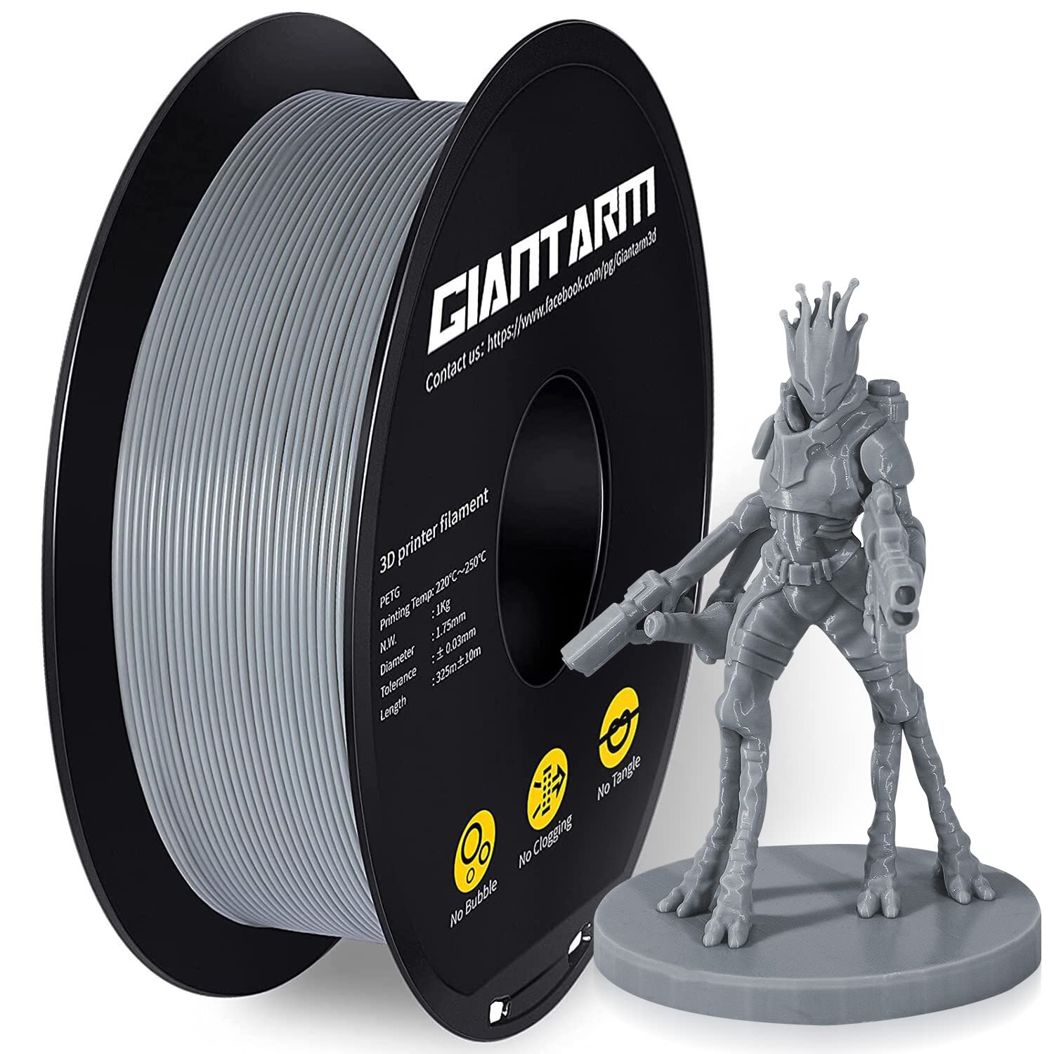 PETG Filament,3D Printer Filament,GIANTARM PETG Filament 1.75mm,Dimensional Accuracy +/- 0.02mm, 1kg,Grey