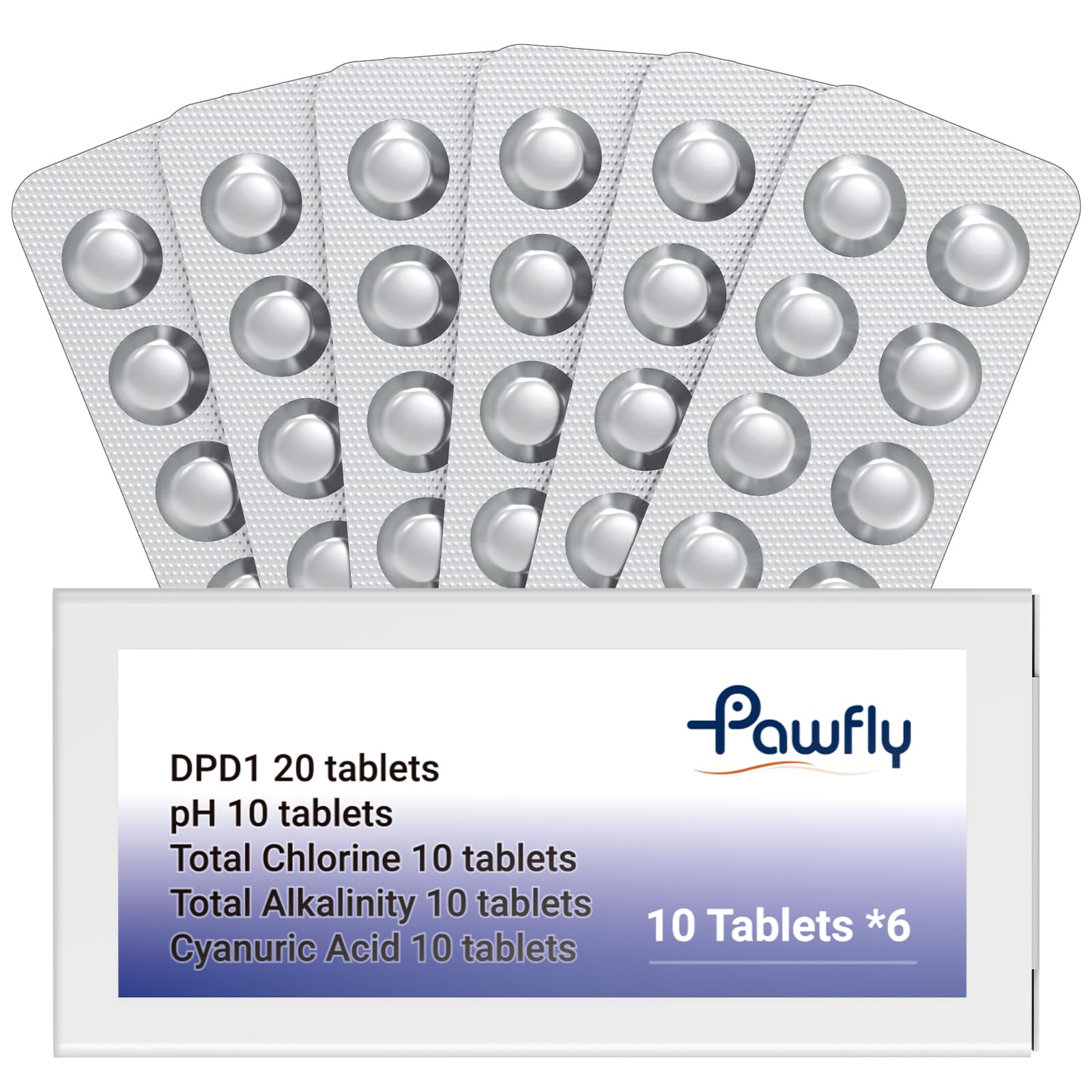 Photo 1 of Pawfly 60 ct. Pool Test Tablets for Pawfly 6 in 1 Digital Water Testing Kit, Hot Tub Water Test Tablets for pH, Free Chlorine, Total Chlorine, Cyanuric Acid & Bromine, Total Alkalinity, DPD Tablets