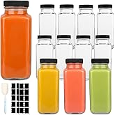 GUANENA 12 Pack Glass Drink Bottles, 8.5 OZ Vintage Square Water Bottles with Lids, Juice Bottles Beverages Containers for Mi