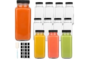 GUANENA 12 Pack Glass Drink Bottles, 8.5 OZ Vintage Square Water Bottles with Lids, Juice Bottles Beverages Containers for Mi