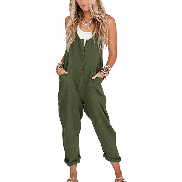 thumbnail image 2 of Women's Floral Embroidery Overalls - Casual Button-Strap Linen Jumpsuit With Pockets 2 of 14