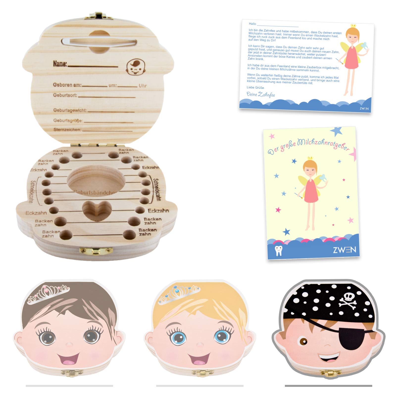 ZWEN Milk Tooth Box 3.0 [Princess & Pirate Colour] + Cute Tooth Fairy Letter E-Book Milk Tooth Box for Girls & Boys