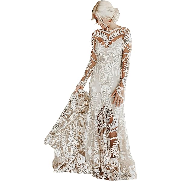 Ksyfinmag Boho Wedding Dresses for Women Plus Size Long Sleeves Beach Bridal  Dress Lace Mermaid Bohemian Vintage Wedding Gown Ivory US2 at Amazon  Women's Clothing store