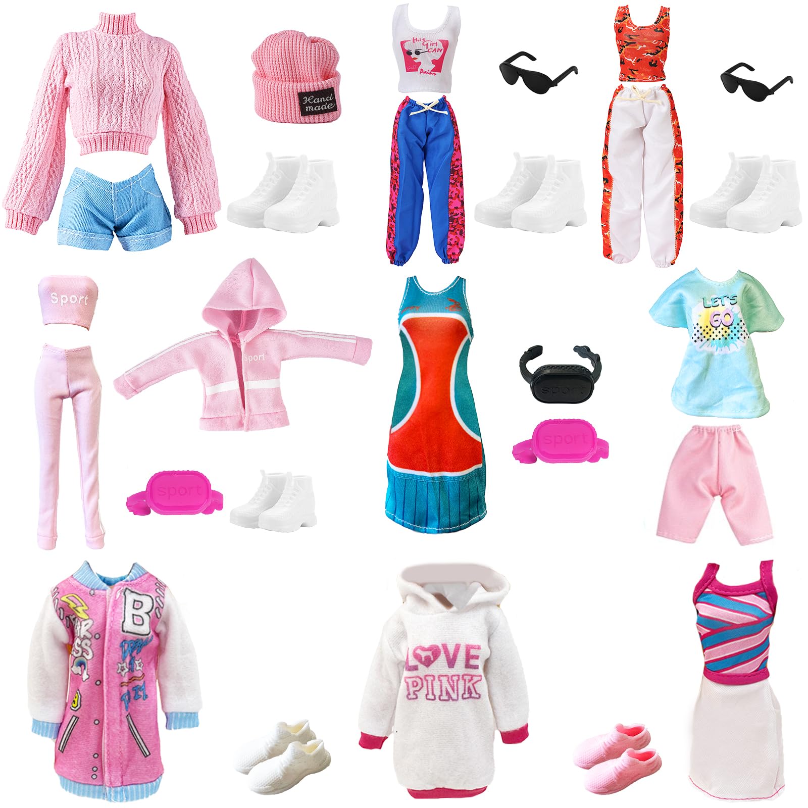 24Pcs Doll Clothes and Accessories Set, Including 2 Shorts Sets, 2 Long Pants Sets, 4 Athletic Skirts, 7 Accessories, 12 Shoes Random Style for 11.5 inch Girl Doll Gifts