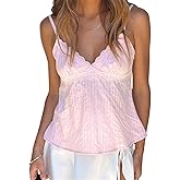 Women Y2k Lace Trim Cami Top Spaghetti Strap V Neck Peplum Camisole Summer Cute Fairy Aesthetic Babydoll Tank Tops