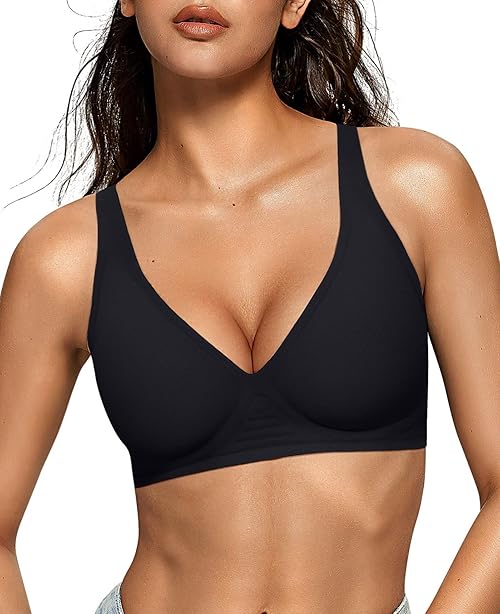 OEAK Womens Deep V Bras Wireless Comfortable Bra Supportive No Underwire Bras Tshirt Push Up Bralettes Plunge Seamless Bra Black L
