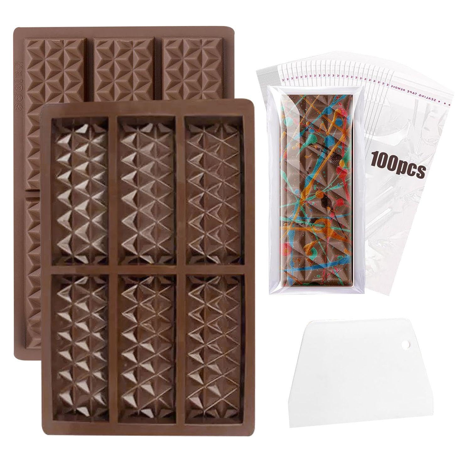 2 Pcs 6 Grid Silicone Molds, 100 Pcs Packaging Bags, 1 Pcs Scraper, Diamond Candy Molds, Non-Stick Waffle Molds, DIY Kitchen Baking Molds