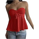 Milumia Women's Eyelet Tie Front Ruched Tube Top Flared Peplum Tops Going Out