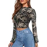 Jndtueit 70s Womens Bell Sleeve Top Floral Tops for Women Mock Neck Flare Tops Sheer Mesh Long Sleeve Top Ruffle Shirts