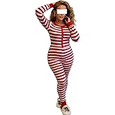 NUFIWI Women Striped Christmas Pajamas Button Down V Neck Jumpsuit Bodycon Long Sleeve One Piece Sleepwear
