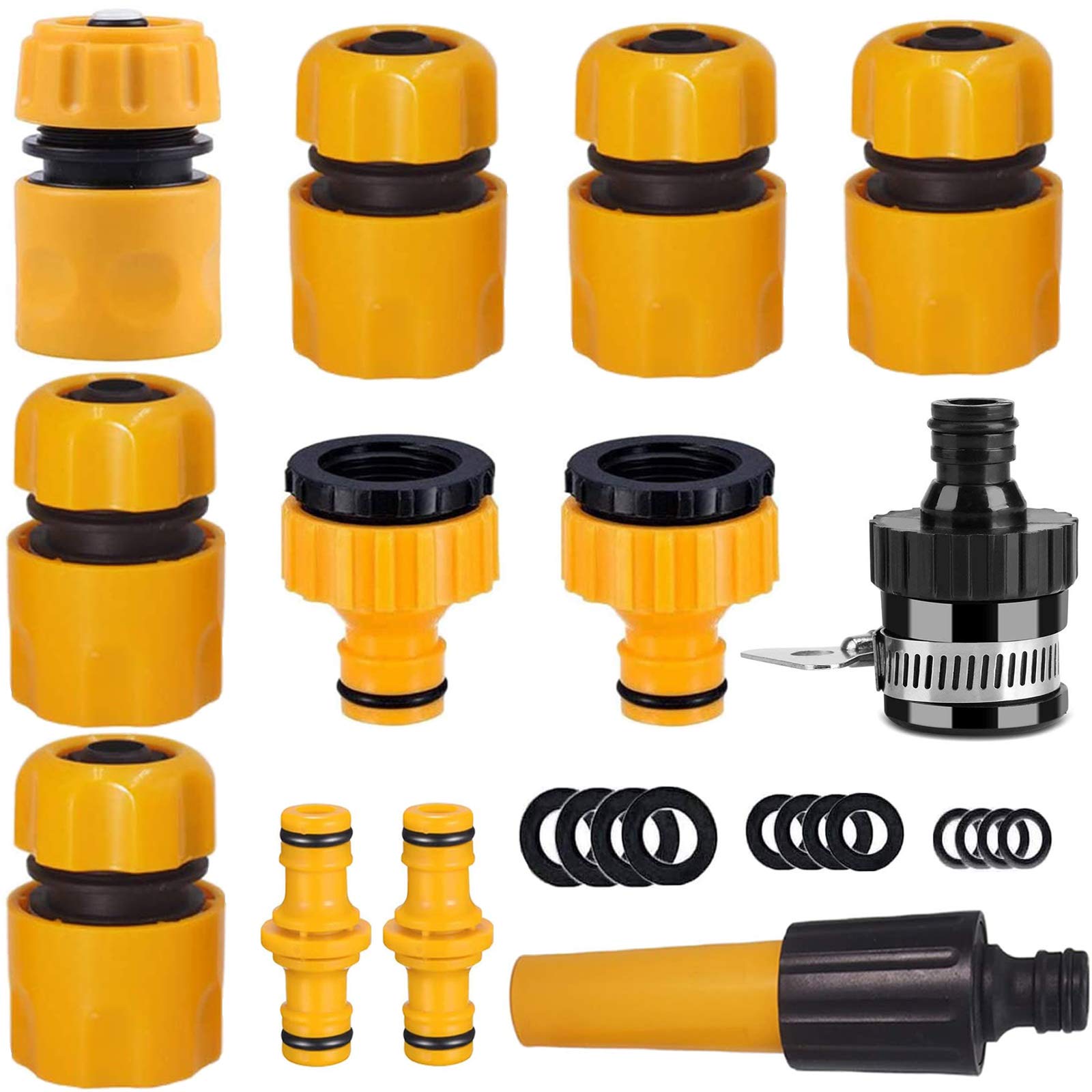 Hose Connector Garden Hose Fitting Set.1Nozzle,5 Hose End Quick Connector,1Hose Waterstop Accessory,2 Double Male Snap Connector,2 HosePipe Tap Fitting 1/2 Inch and3/4 Inch Size 2-in-1etc