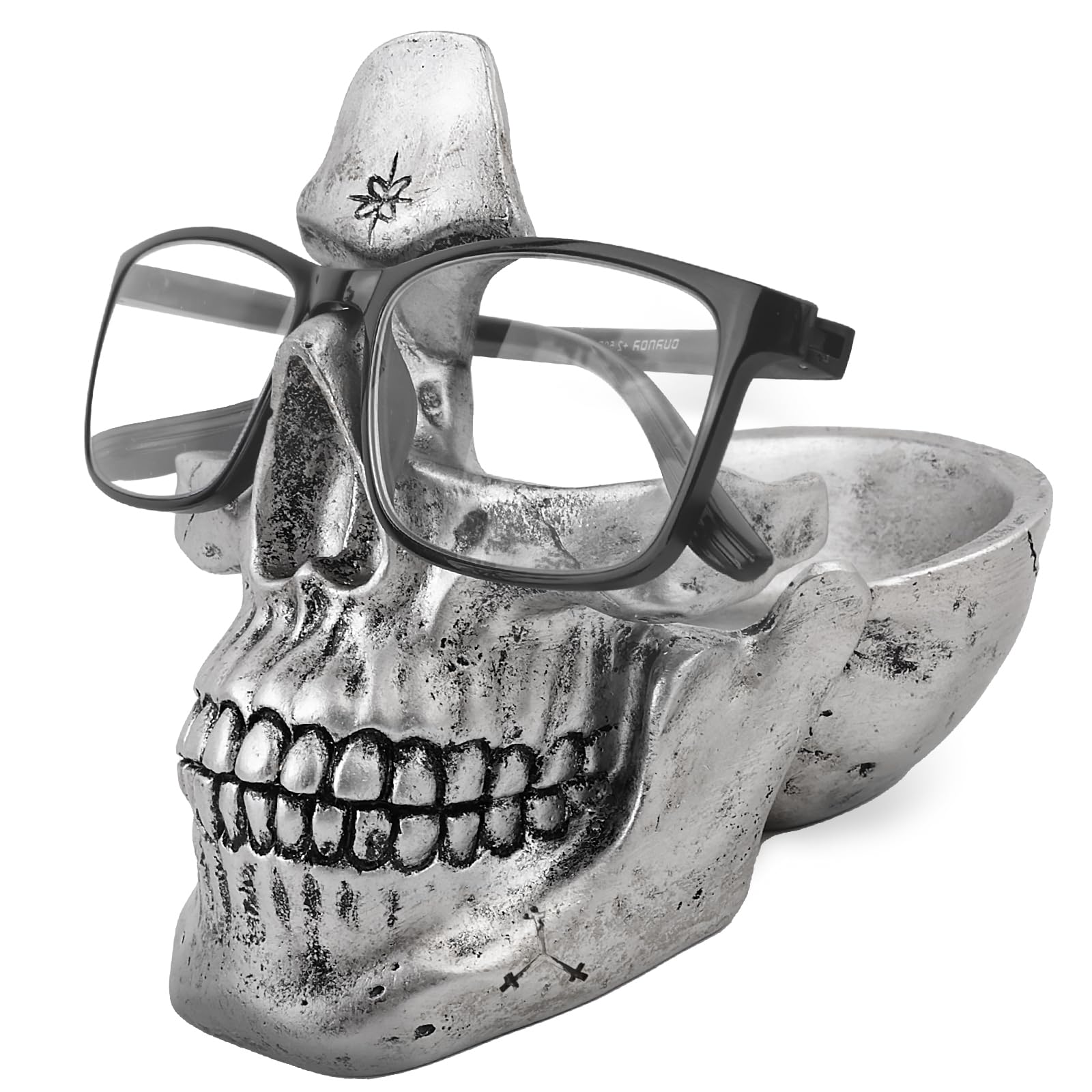 VIPbuy Skull Glasses Holder Stand, Novelty Eyeglass Holder Rack with Storage Tray for Nightstand, Resin Skull Head Statue Sculpture Home Office Desk Decor Gift (Silver)