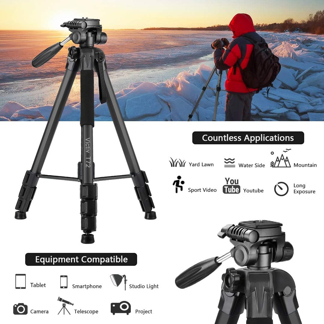 Victiv 72-inch Camera Tripod Aluminum Monopod T72 Max. Height 182 cm - Lightweight and Compact for Travel with 3-way Swivel Head and 2 Quick Release Plates for Canon Nikon DSLR Video Shooting - Black : Camera & Photo