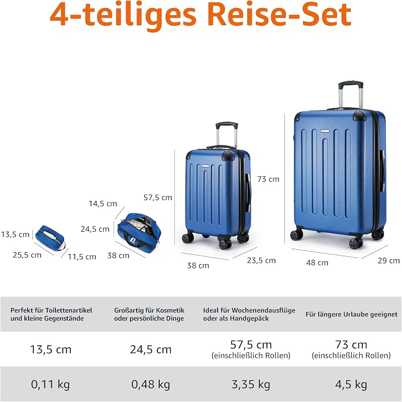Hartschalenkoffer-Set, 4-teiliges, Großer Koffer, Handgepäckkoffer, Tragetasche, Kompakte Reisetasche, Erweiterbar, 4 Spinner-Räder, Marineblau