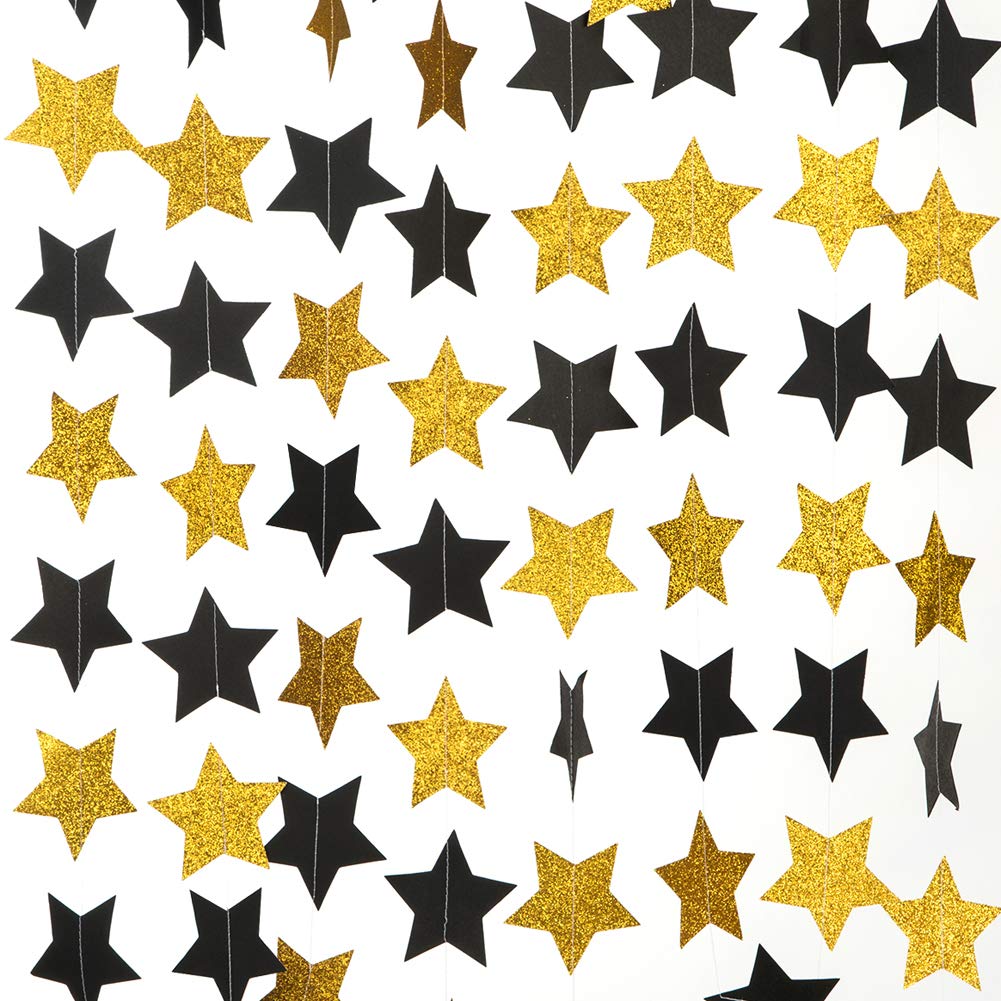 WEVEN Gold Glitter and Black Star Paper Garland, Twinkle Star Banner Hanging Party Decorations, 3" in Diameter, 20 Feet in Total