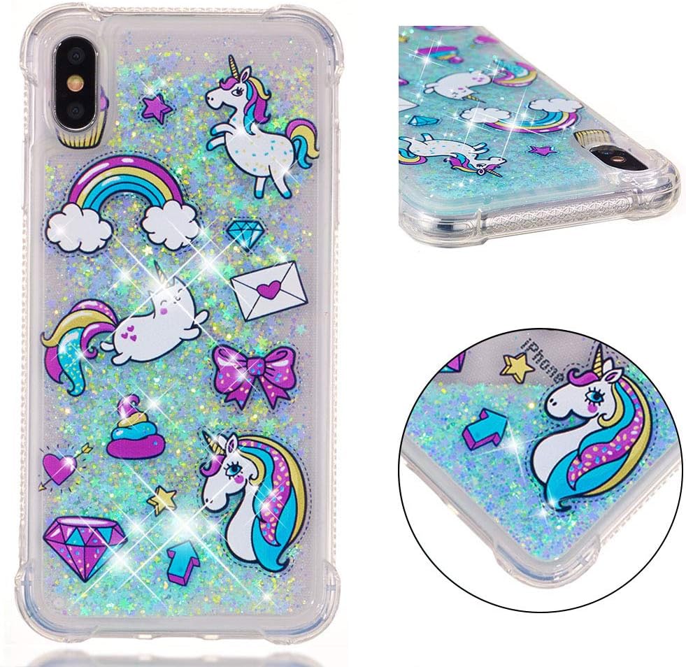 YMHML Glitter Case Compatible with iPhone Xs MAX (2018 Release) 【6.5 Inch】 Luxury Fashion Bling Flowing Liquid Floating Sparkle Glitter Cover Print Unicorn Cute Cartoon TPU Bumper Case (Blue)