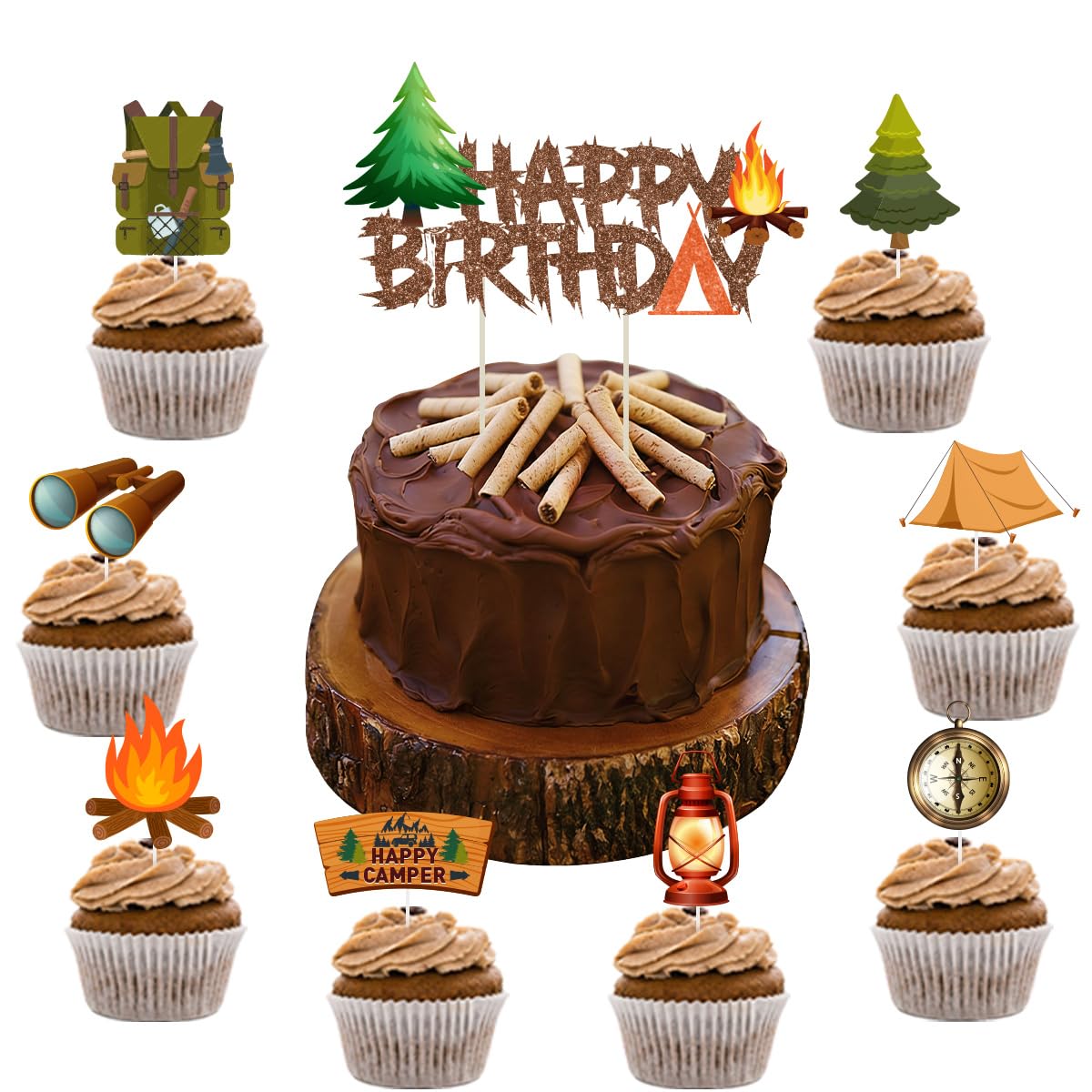 Fangleland Camping Themed Happy Birthday Cake Topper with 24 Pack Cupcake Picks Flashlight Campfire for Camping Adventure Birthday Party Decorations