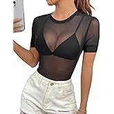 GAMISS Mesh Top for Women Crew Neck Short Sleeve Mesh Shirt Sexy Fitted Sheer Mesh Tee Top