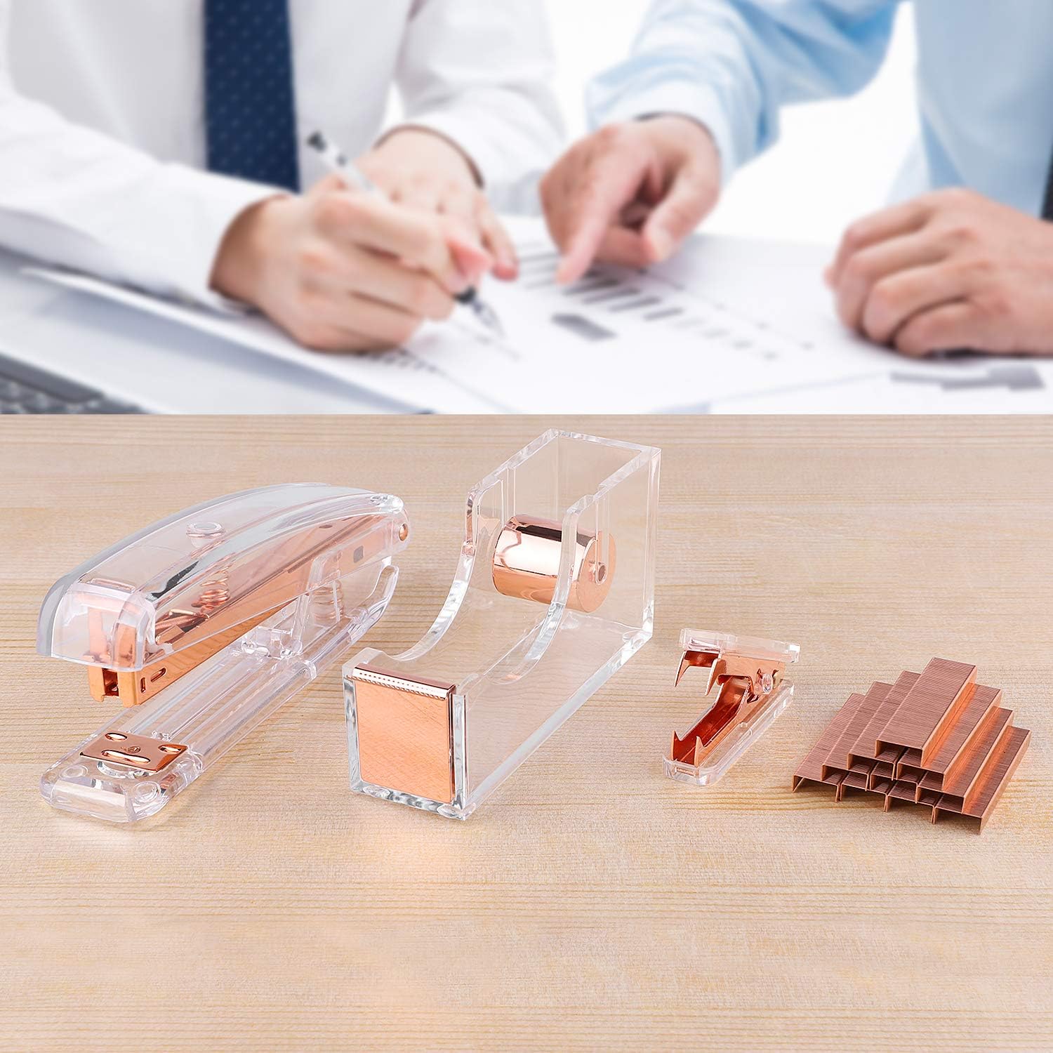 ALSISK Desk Accessory Kit, Acrylic Stapler Set, Tape Dispenser, Staple Remover with 1000pcs 26/6 Staples -Rose Gold : Office Products