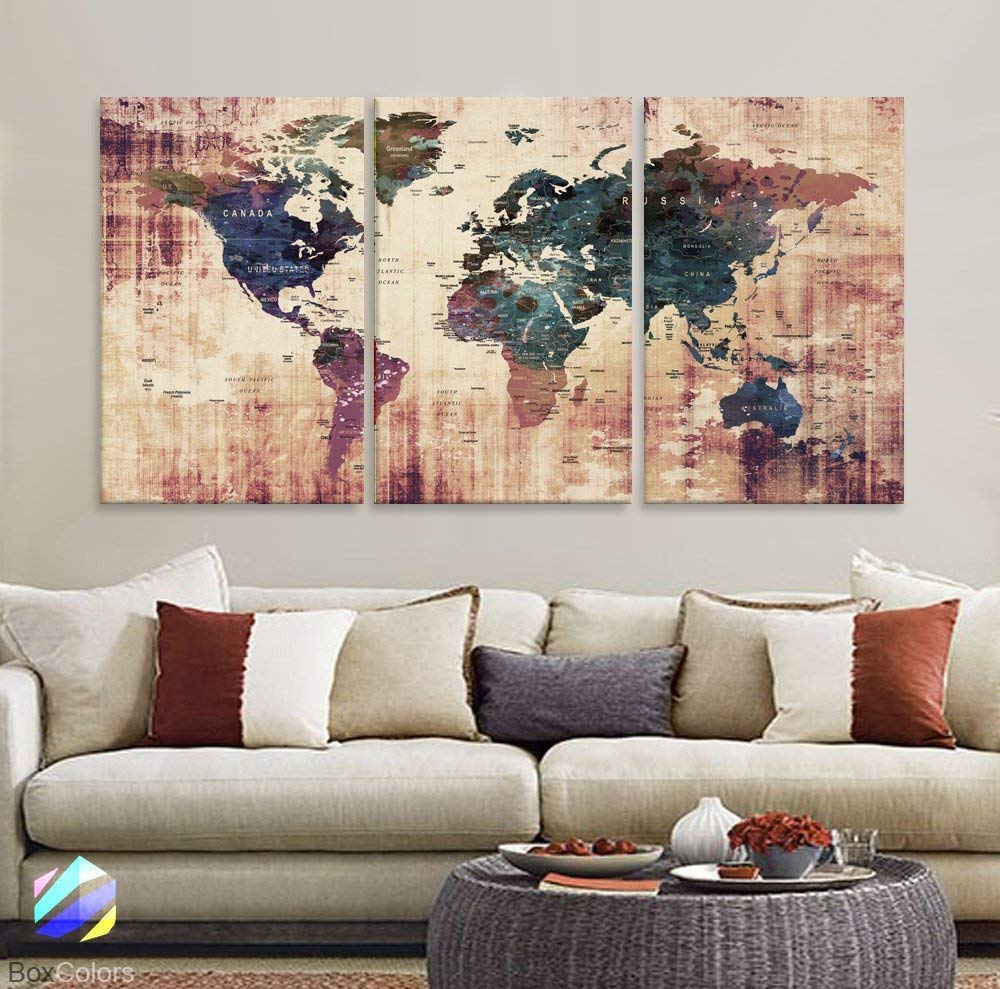 Original by BoxColors LARGE 30"x 60" 3 panels 30x20 Ea Art Canvas Print Watercolor Brown Green Old Map World Push Pin Travel Wall home office decor (framed 1.5" depth) M1819