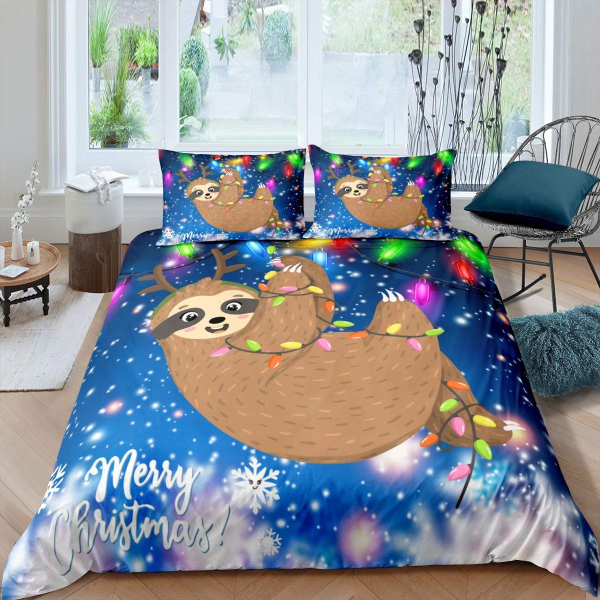 Cartoon Sloth Bedding Set Christmas Duvet Cover Set for Kids Boys Girls Cute Sloth Snowflake Xmas Decor Comforter Cover Polka Dot Quilt Cover Bedroom Collection 2Pcs Single Size