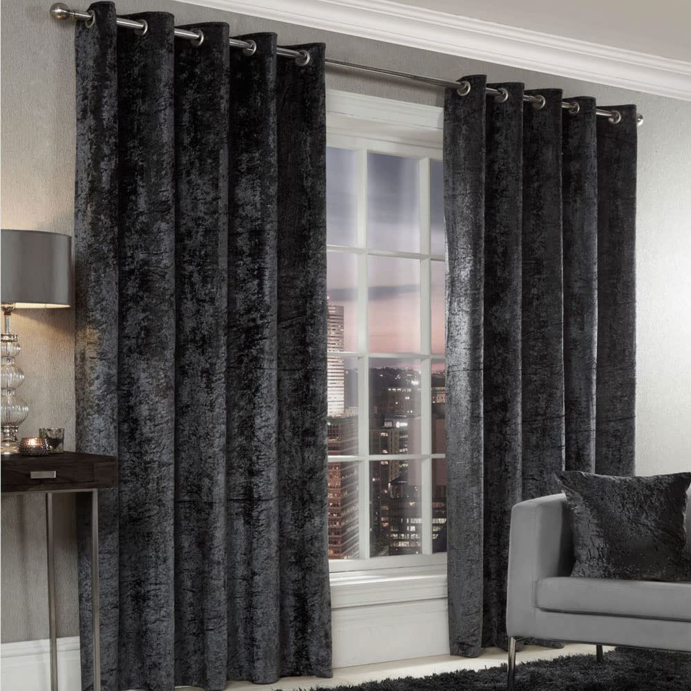Alan Symonds Home Crushed Velvet Lined Eyelet/Ring Top Curtains Pair Charcoal 66" Width x 90" Drop