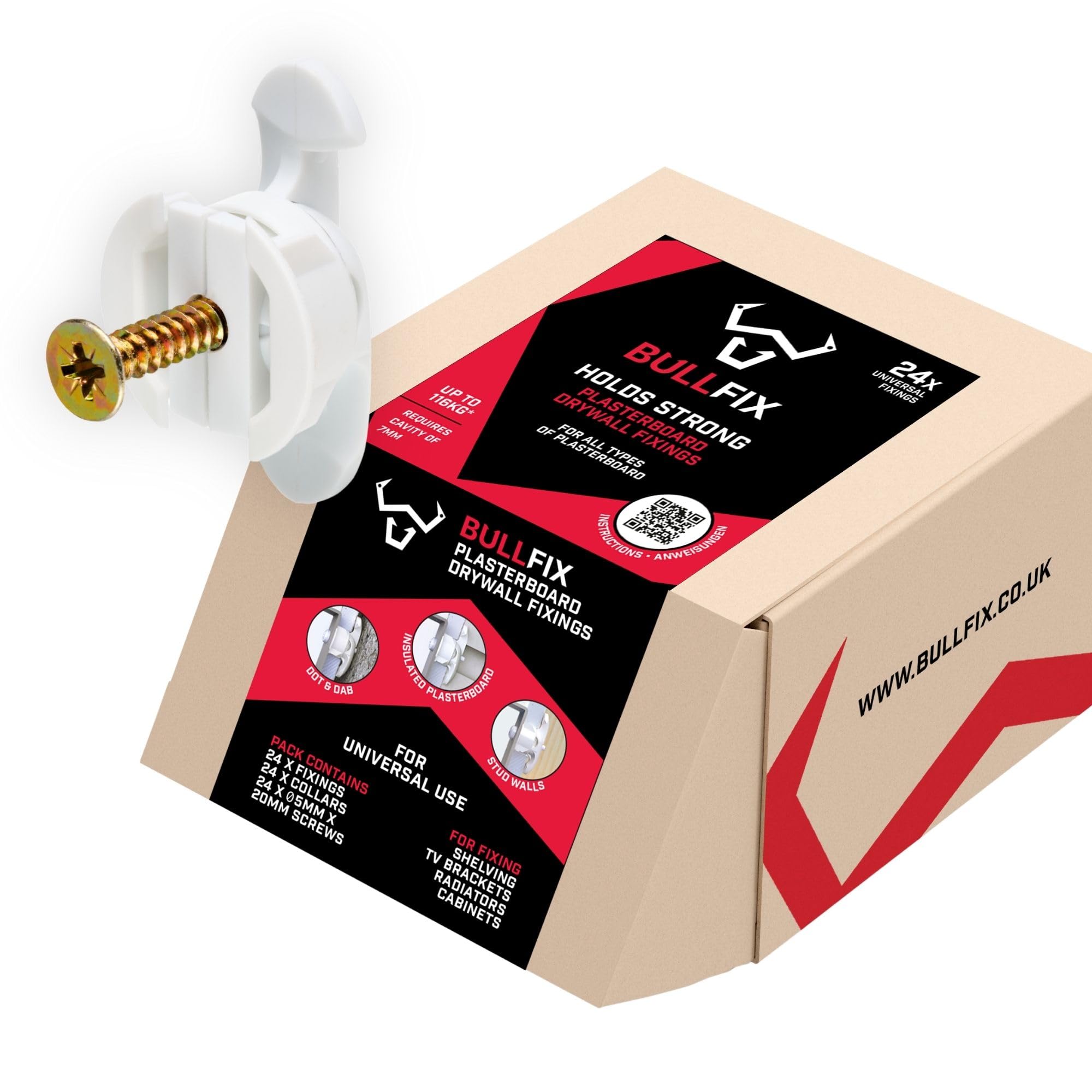 Bullfix Universal Plasterboard Fixings Heavy Duty - 24 Pack, Drywall Anchor for Dot & Dab, Stud & Hollow Cavity, Wall Anchor Kit with Screws, Holds Up To 116kg