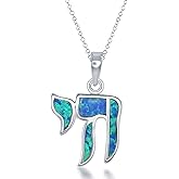 Beaux Bijoux Sterling Silver Created Blue Opal Hebrew Chai (Life) Pendant with 18" Chain